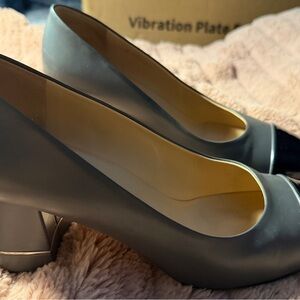 Classic Women's Two-Tone Chanel Block Heel Pumps - Gray with Black Toe